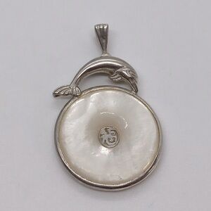 Vtg Sterling & MOP Mother of Pearl Dolphin Chinese Good Fortune Pendant | 1.4” L